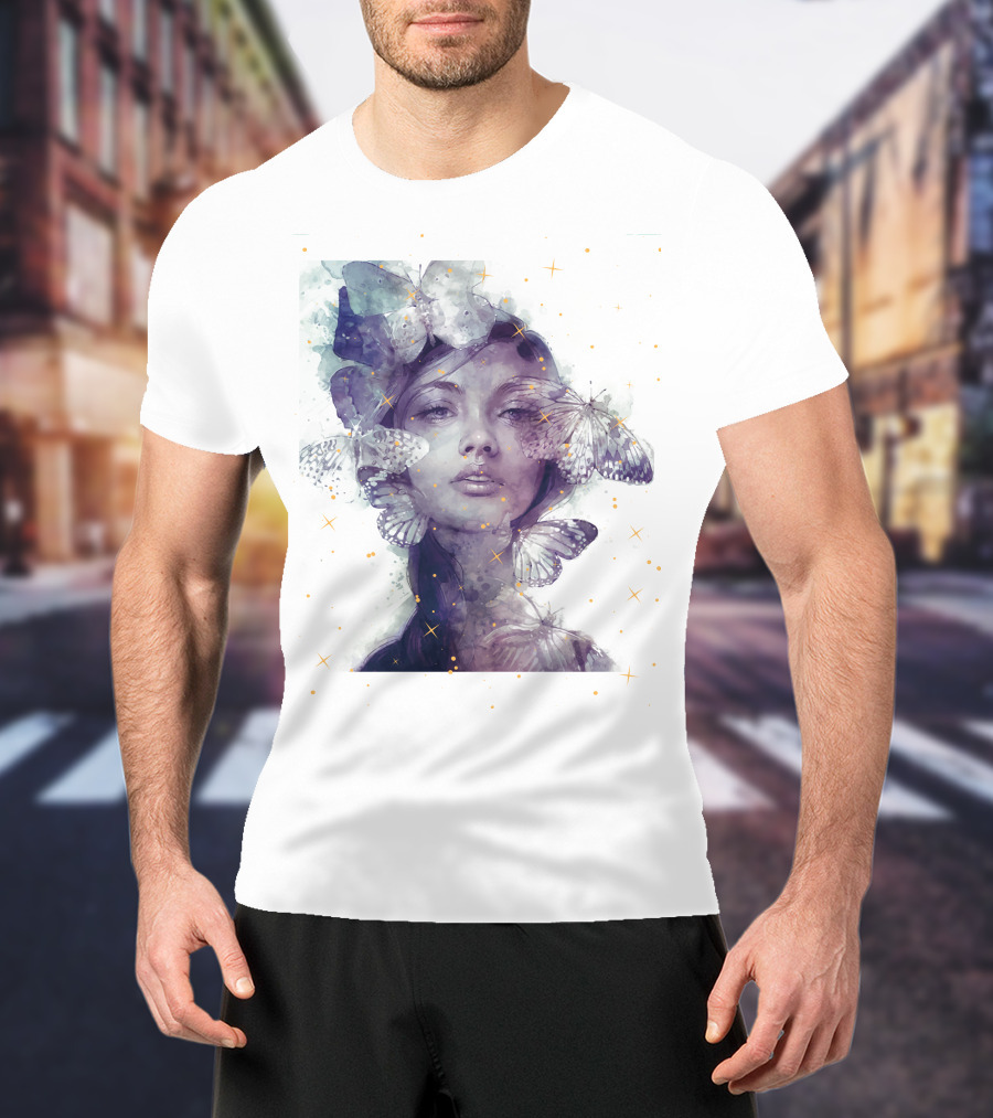 Butterfly And Girl Dreamy Watercolor Portrait With Stars T-Shirt