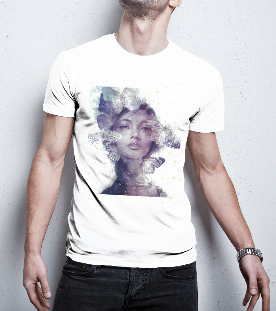 Butterfly And Girl Dreamy Watercolor Portrait With Stars T-Shirt