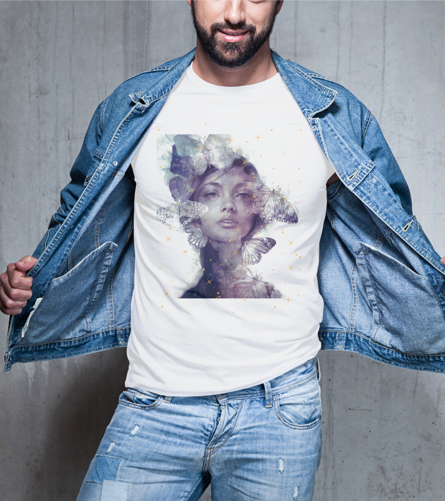 Butterfly And Girl Dreamy Watercolor Portrait With Stars T-Shirt