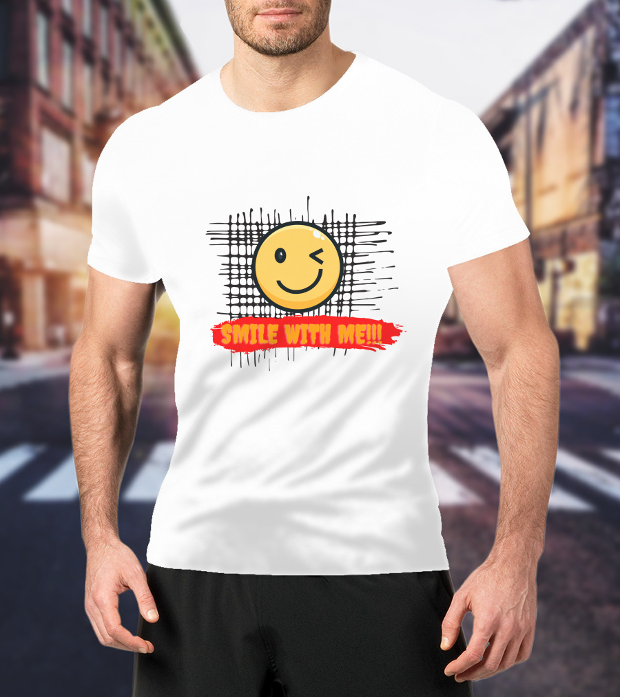 SMILE WITH ME Winking Smiley Face And Checkered Grid Background T-Shirt