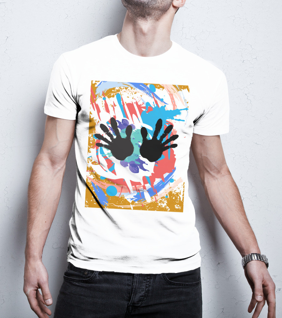 Colorful Splash With Black Handprints T-Shirt