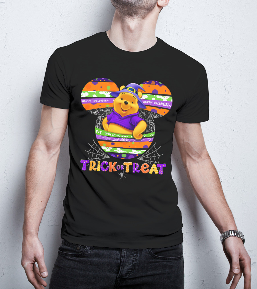 Happy Halloween Trick Or Treat Pooh Witch Hat Spiderwebs T-Shirt