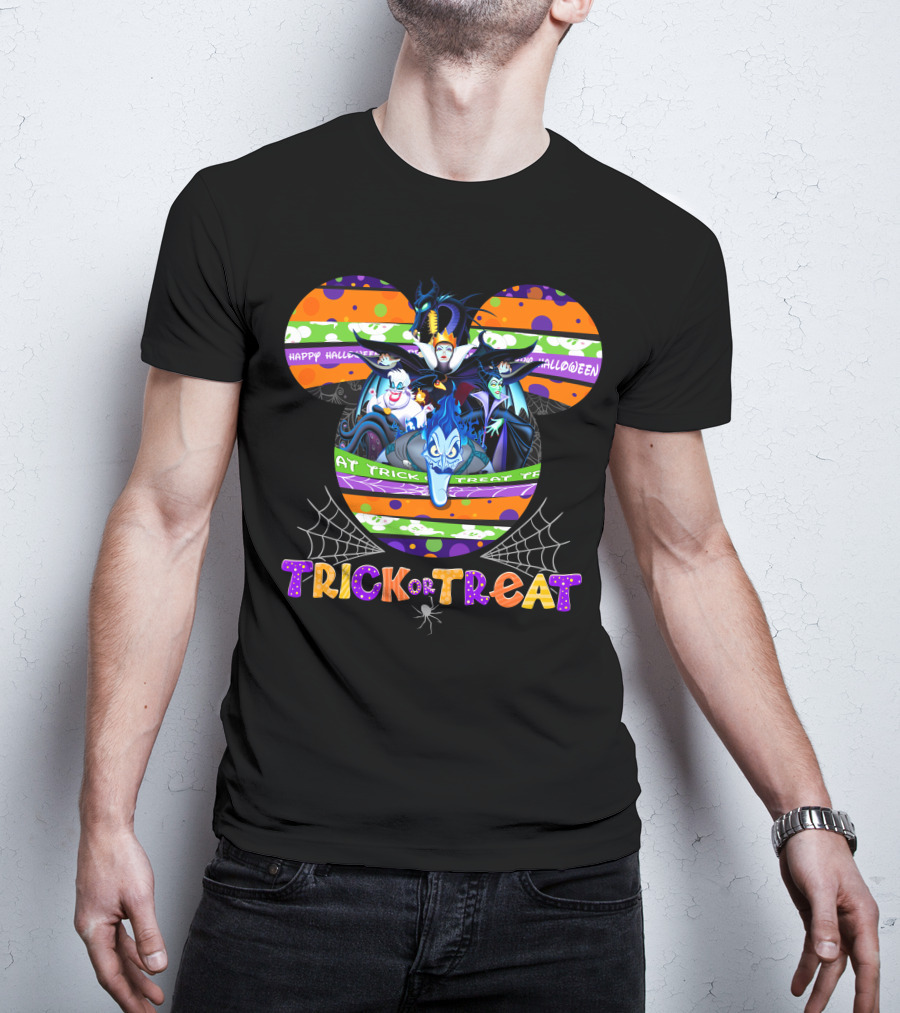 Happy Halloween Trick Or Treat Villains Mickey Ears Spiderwebs T-Shirt