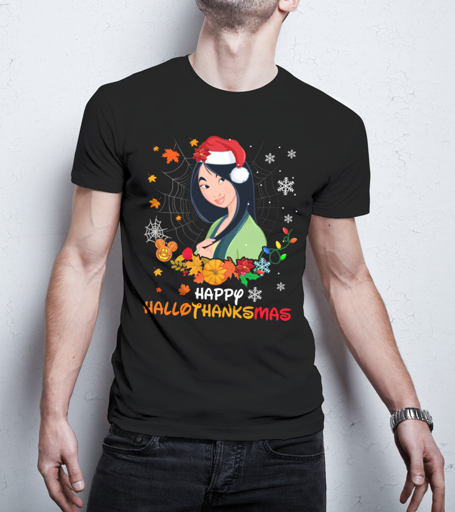 Happy Hallothanksmas Mulan Snowflakes Santa Hat Leaves T-Shirt