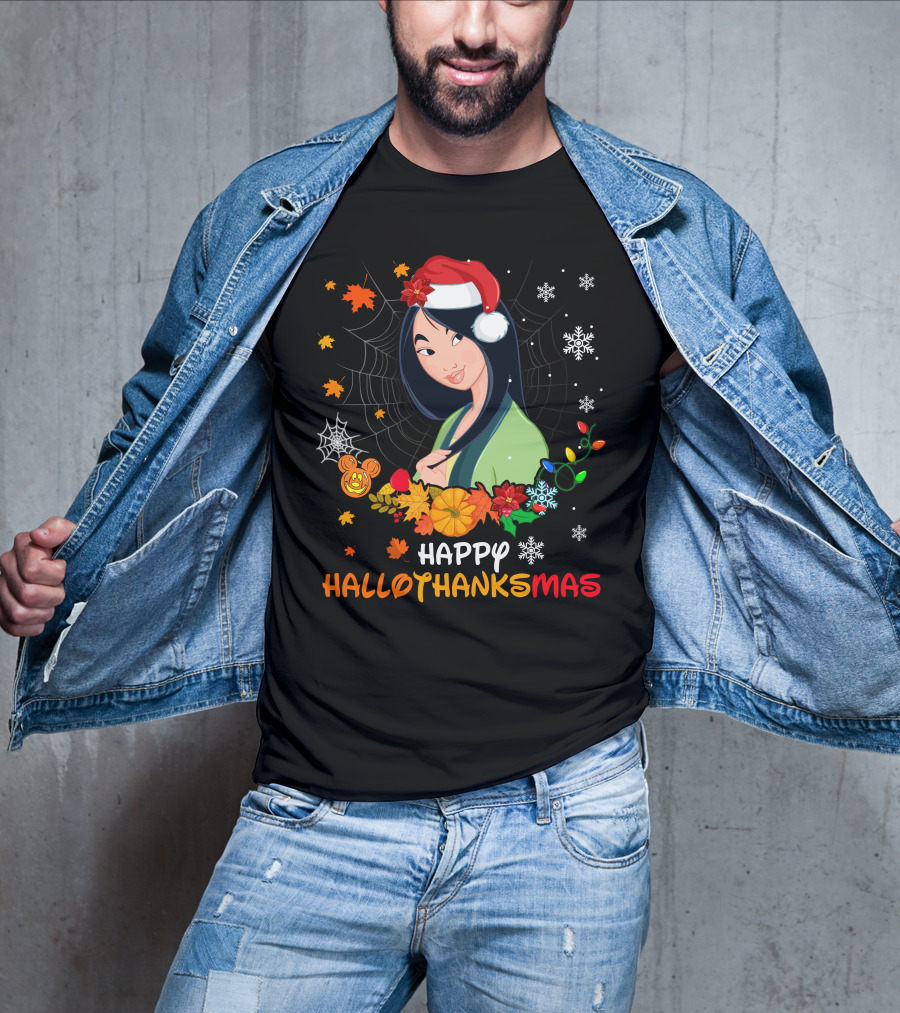 Happy Hallothanksmas Mulan Snowflakes Santa Hat Leaves T-Shirt