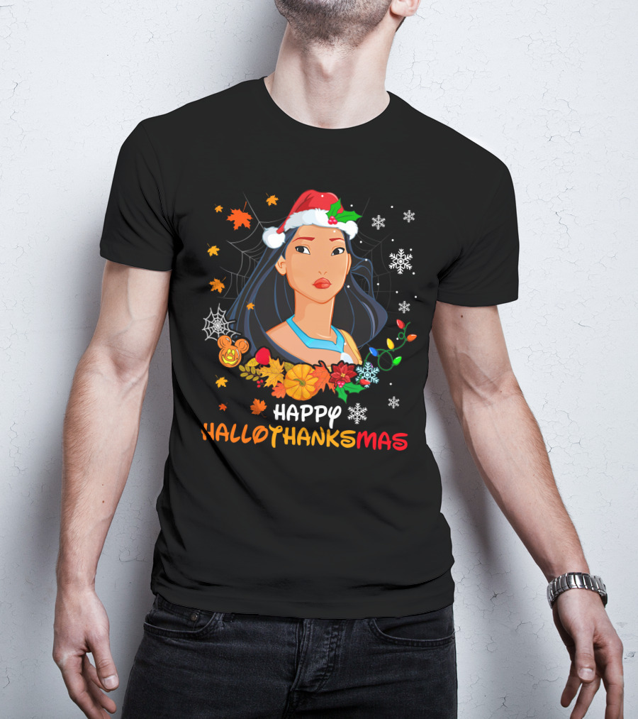 Happy Hallothanksmas Pocahontas Santa Hat Pumpkin Leaves Snowflakes T-Shirt