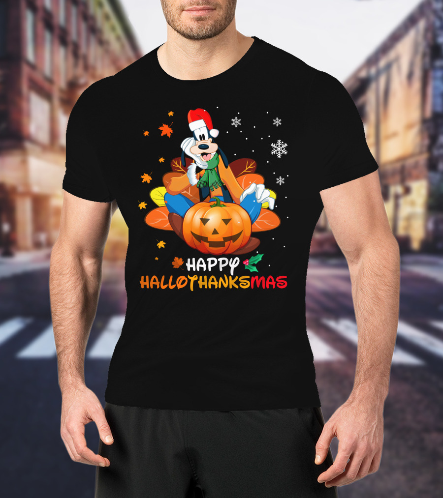 Happy Hallothanksmas Goober Leaves Pumpkin Snowflakes Santa Hat T-Shirt