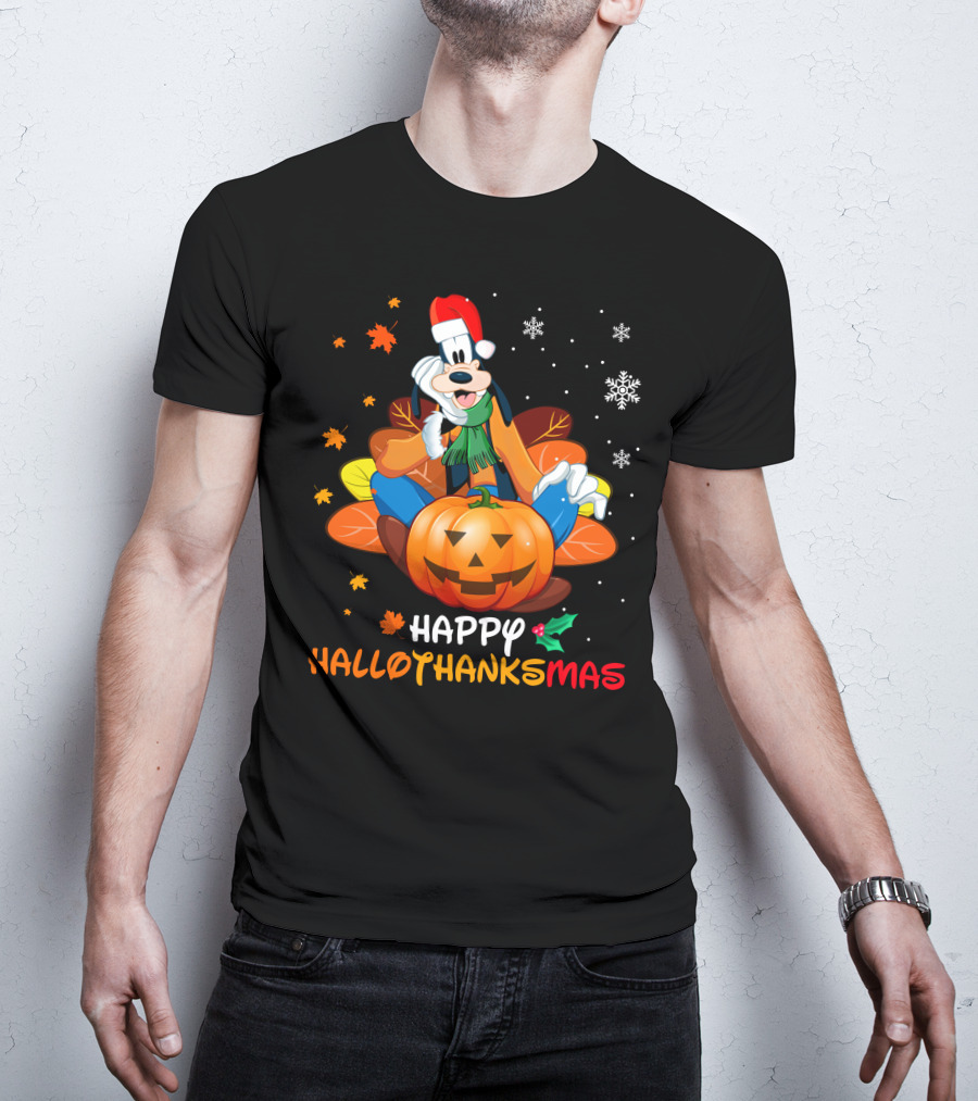 Happy Hallothanksmas Goober Leaves Pumpkin Snowflakes Santa Hat T-Shirt