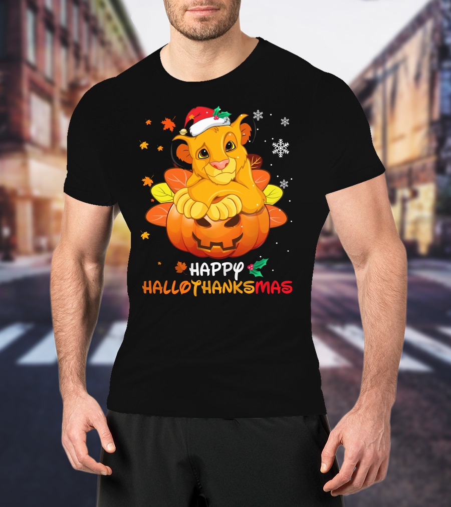 Happy Hallothanksmas Simba Pumpkin Santa Hat Snowflakes T-Shirt