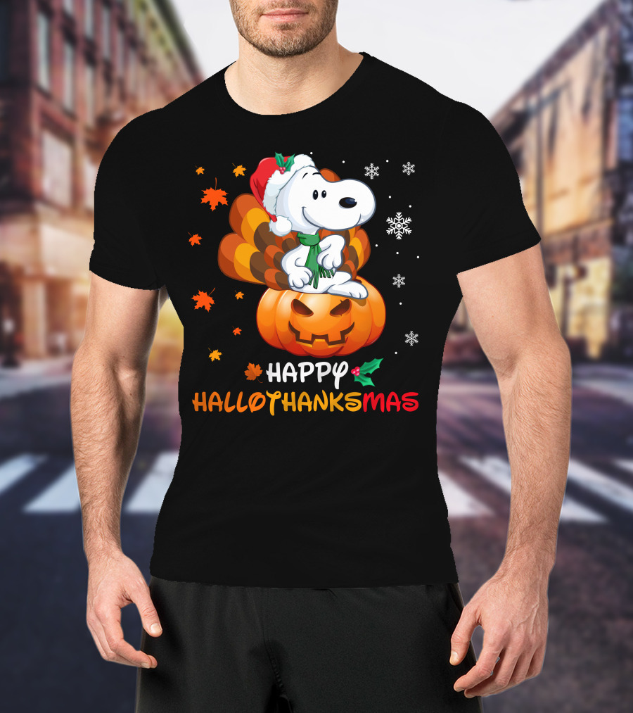 Snoopy Happy Hallothanksmas Pumpkin Snowflakes Santa Hat Scarf T-Shirt
