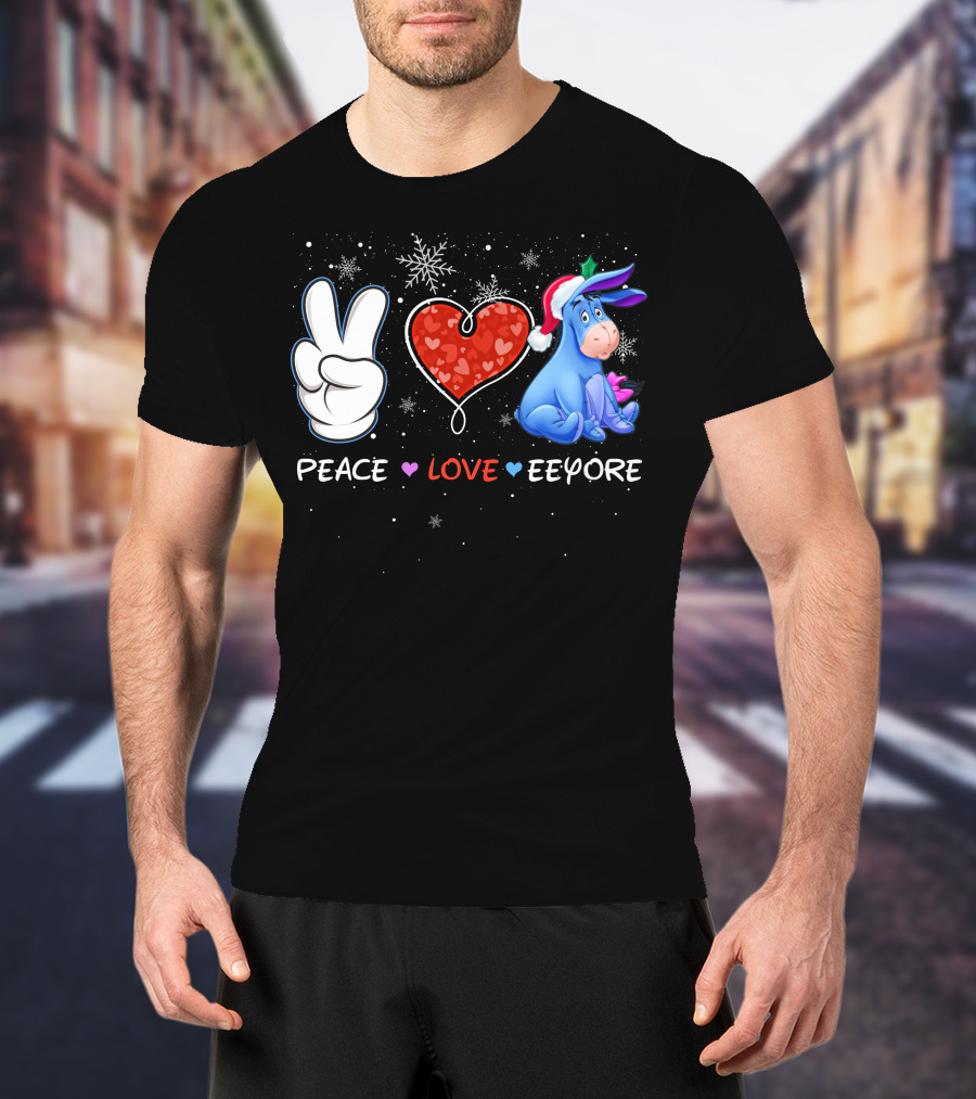Peace Love Eeyore Santa Hat Winter Snowflakes T-Shirt