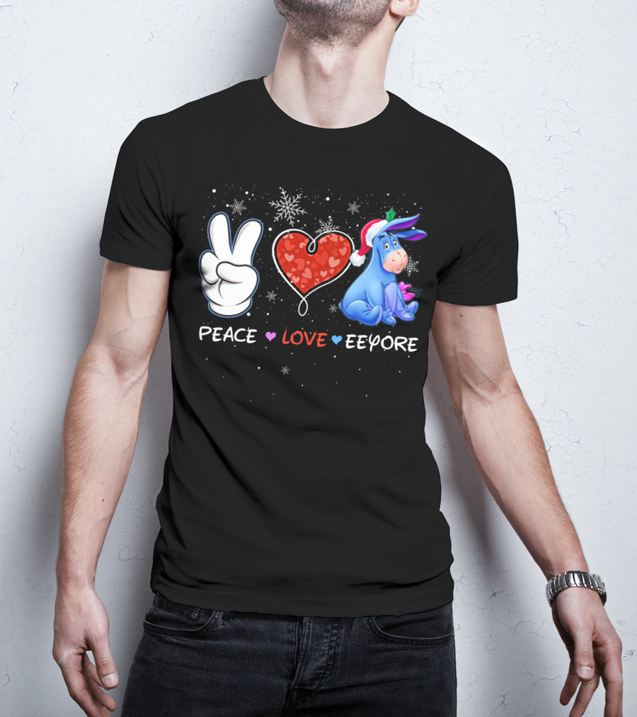 Peace Love Eeyore Santa Hat Winter Snowflakes T-Shirt