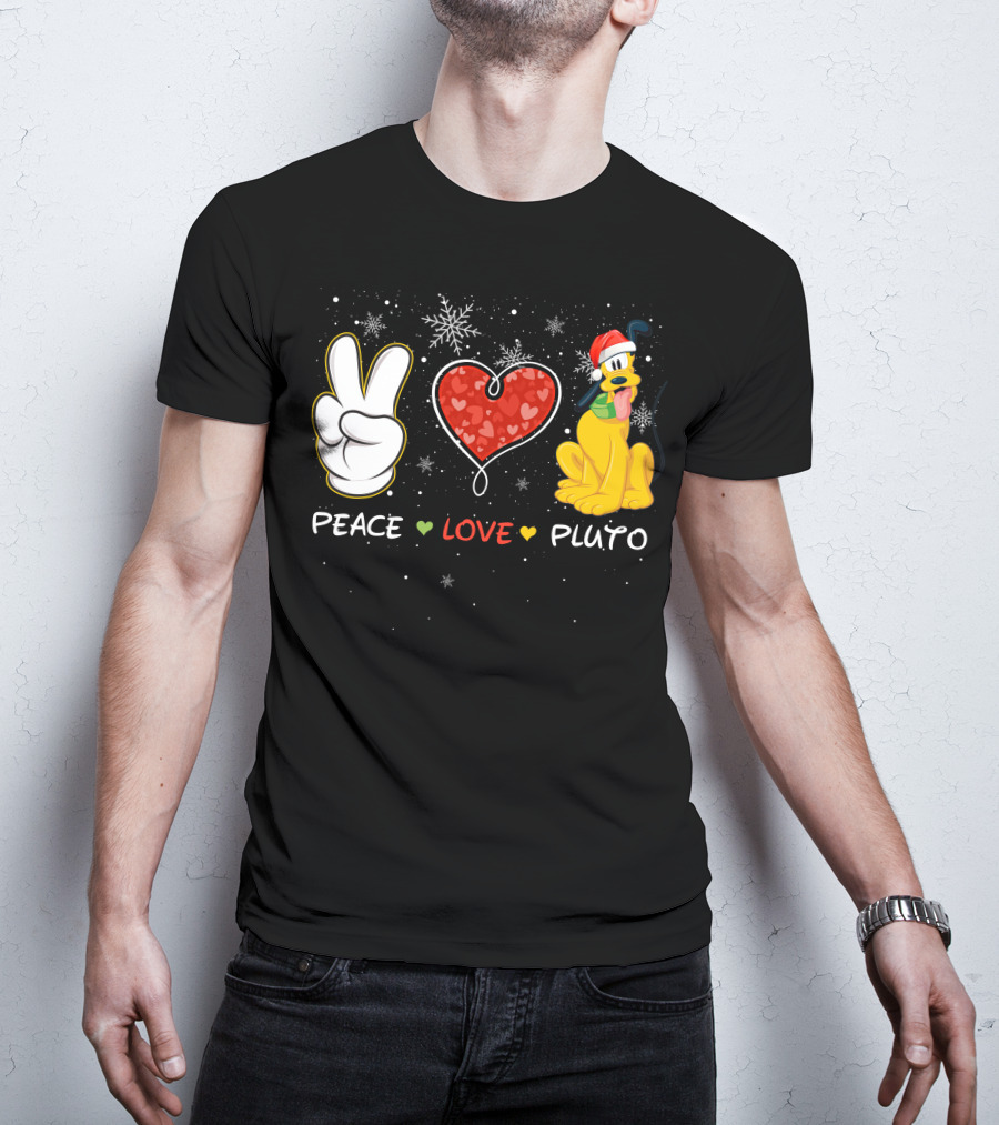 Peace Love Pluto Christmas Santa Hat Snowflakes T-Shirt
