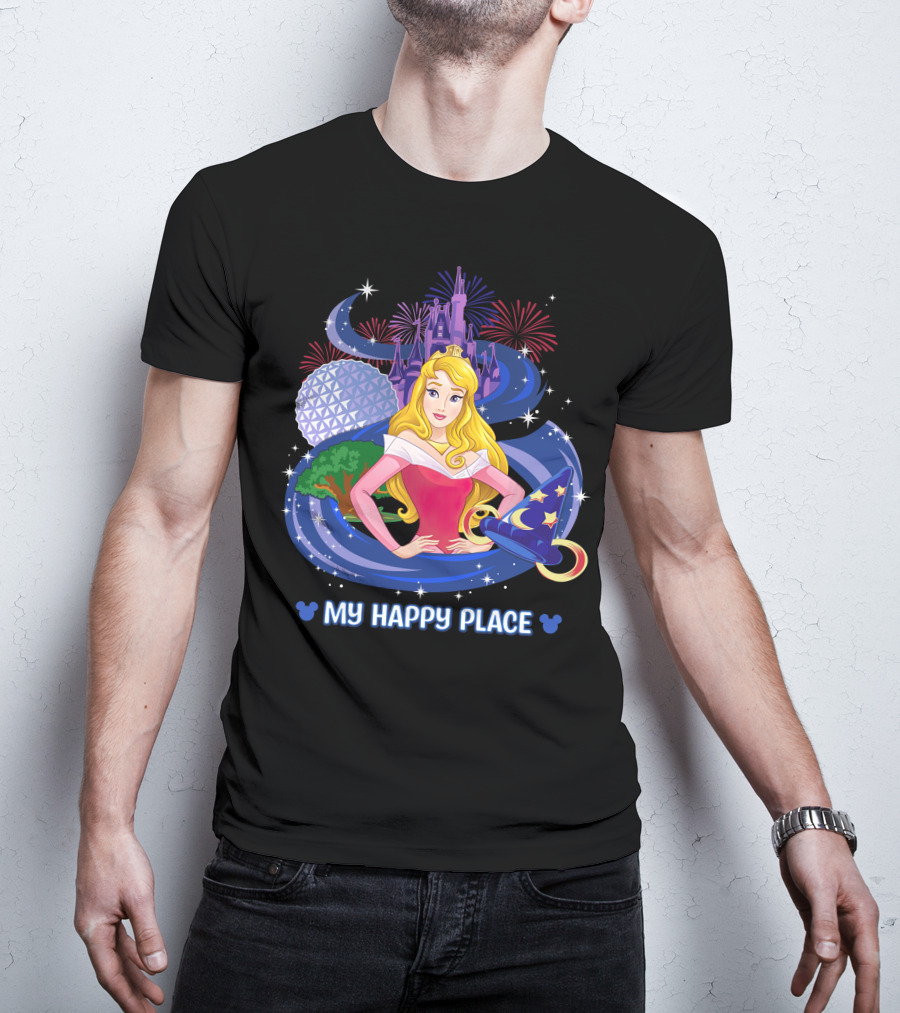 My Happy Place Aurora Disney Princess Epcot Castle Fireworks Sorcerer Hat T-Shirt