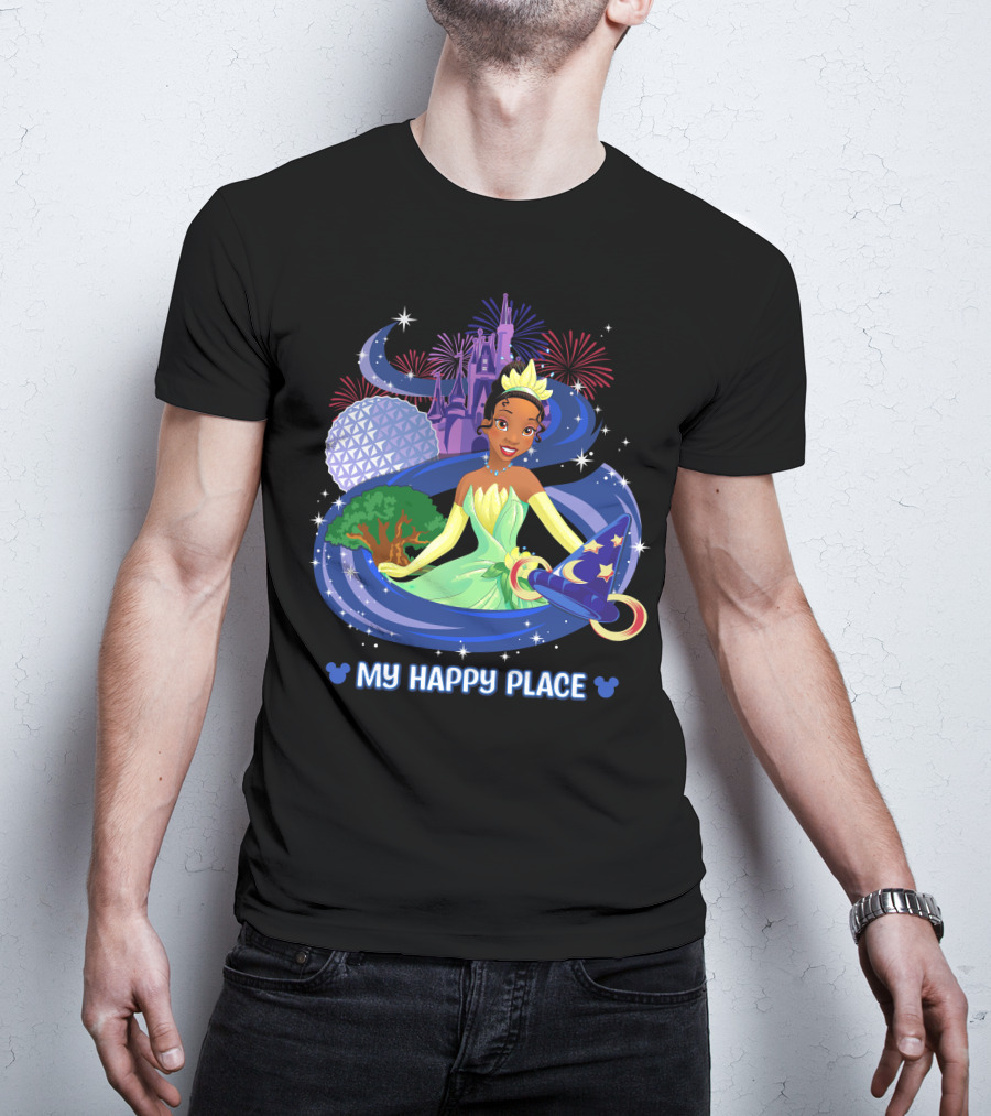 Tiana My Happy Place Disney Parks Epcot Fireworks Castle Sorcerer Hat T-Shirt