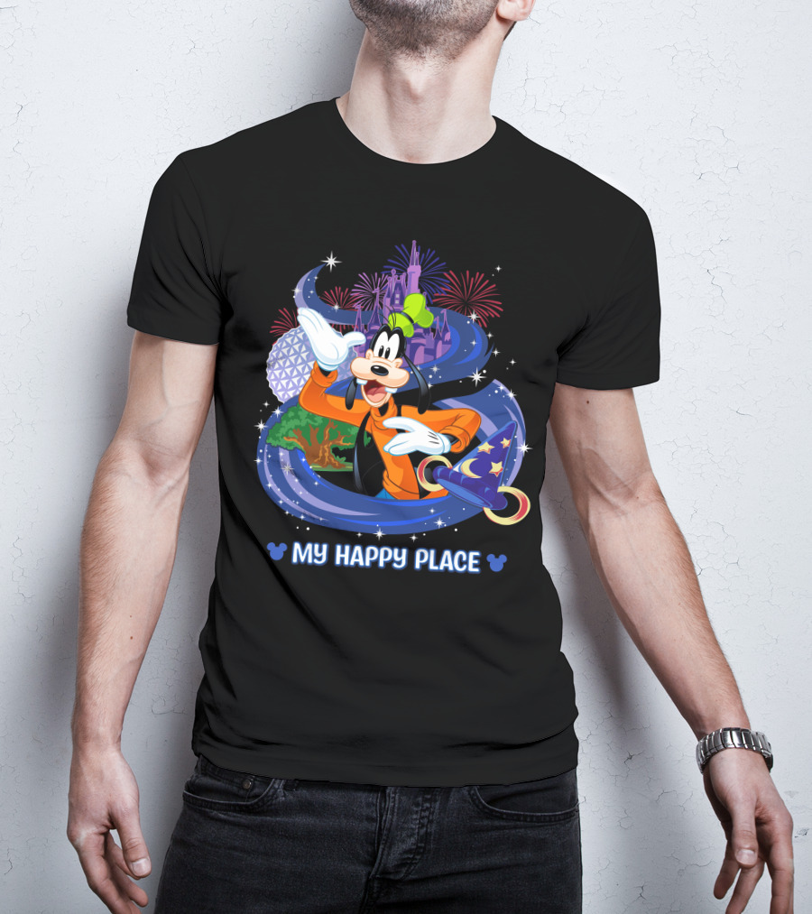 Goofy My Happy Place Disney Fireworks Epcot Sorcerer Mickey's Hat T-Shirt