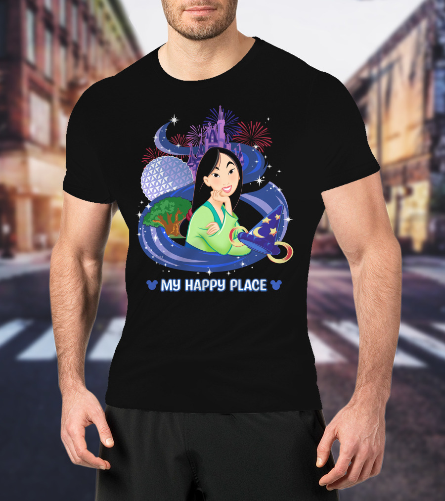 Mulan My Happy Place With Fireworks And Disney World Elements T-Shirt