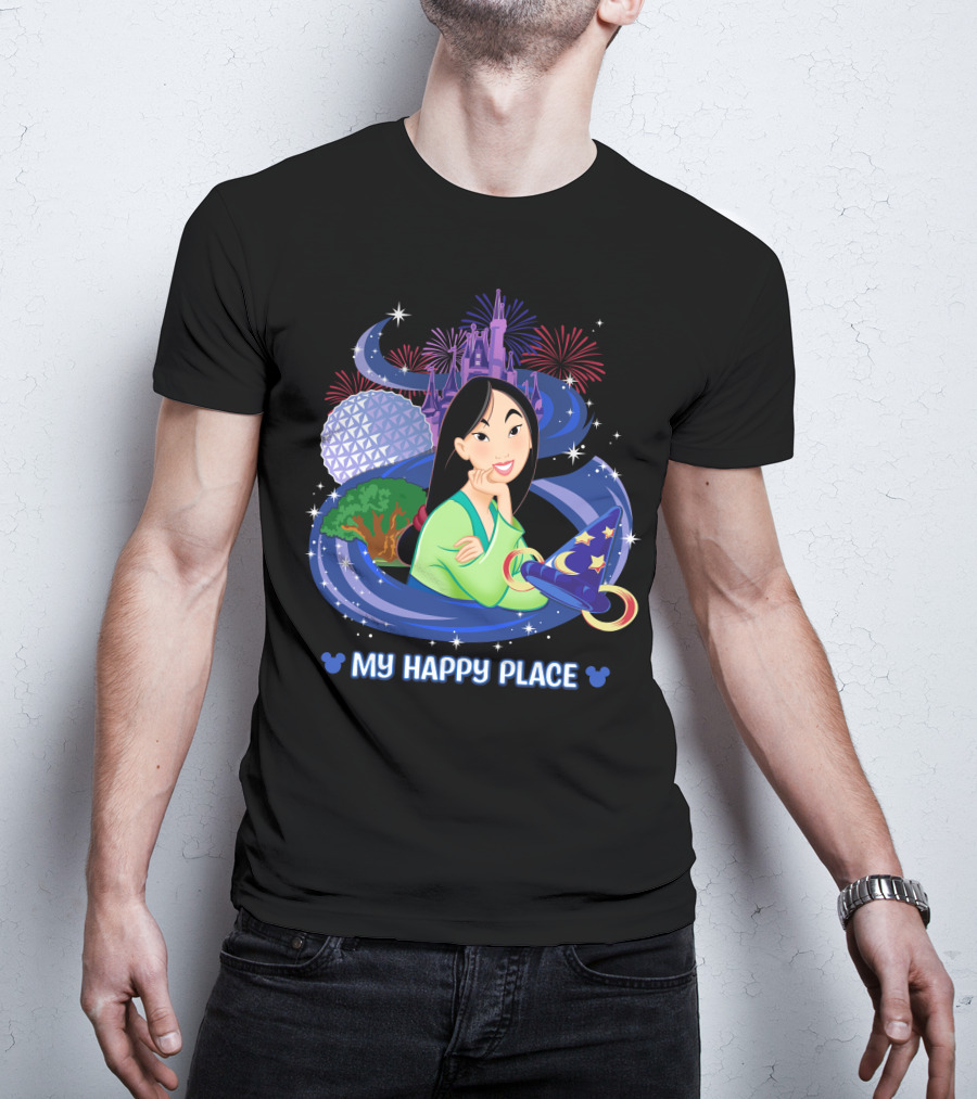 Mulan My Happy Place With Fireworks And Disney World Elements T-Shirt
