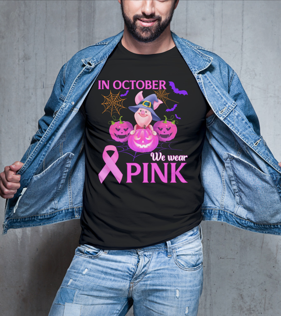 In October We Wear Pink Piglet Breast Cancer Awareness Halloween Pumpkins T-Shirt