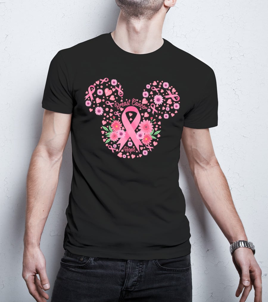 Breast Cancer Hope Pink Ribbon Floral Mickey Ears T-Shirt