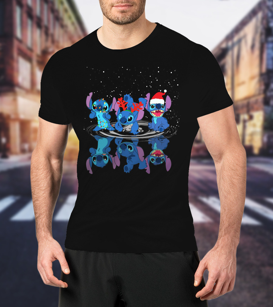 Stitch Christmas Reflections With Santa Hat And Reindeer Antlers T-Shirt