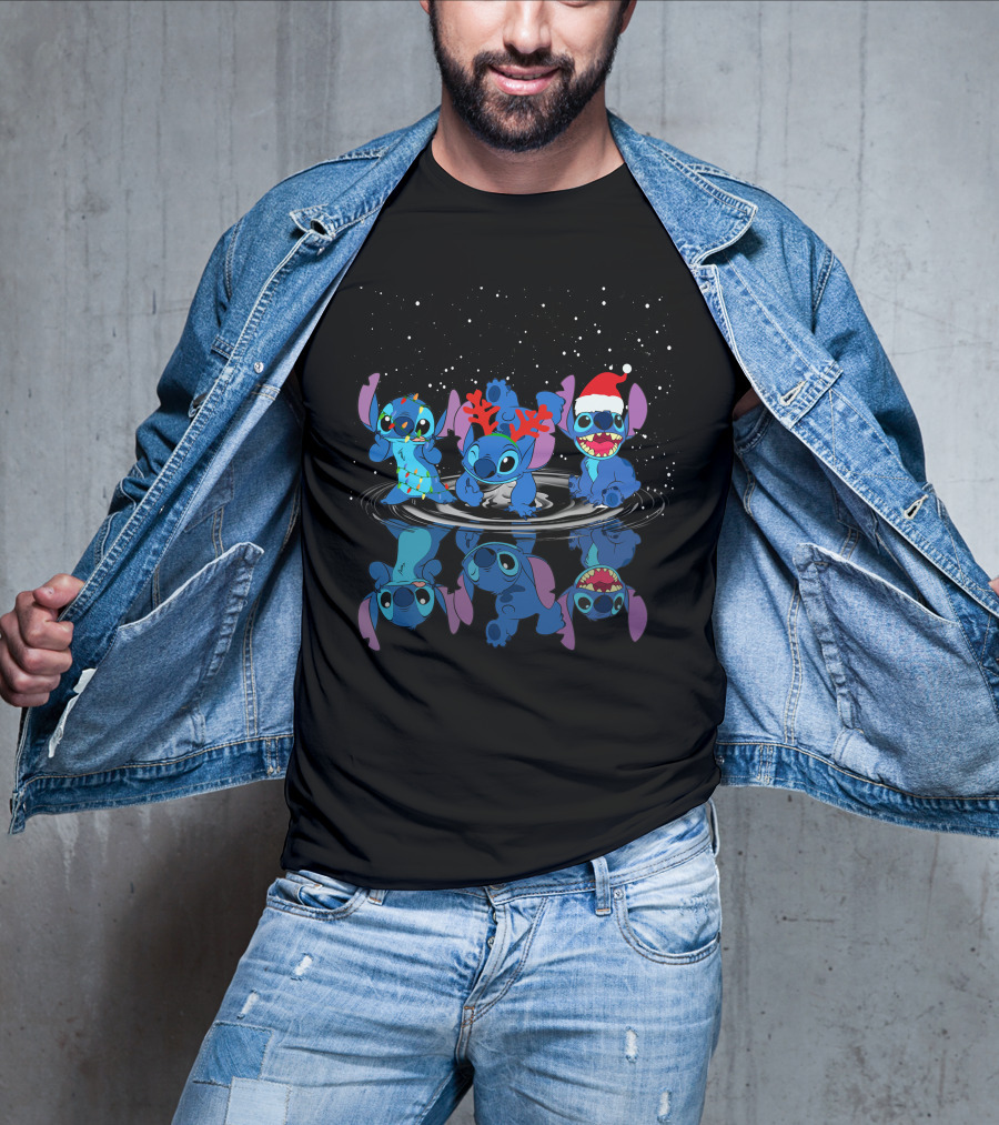 Stitch Christmas Reflections With Santa Hat And Reindeer Antlers T-Shirt