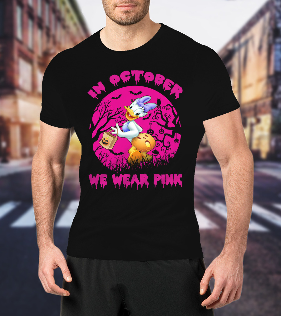 In October We Wear Pink Daisy Duck Halloween Theme T-Shirt