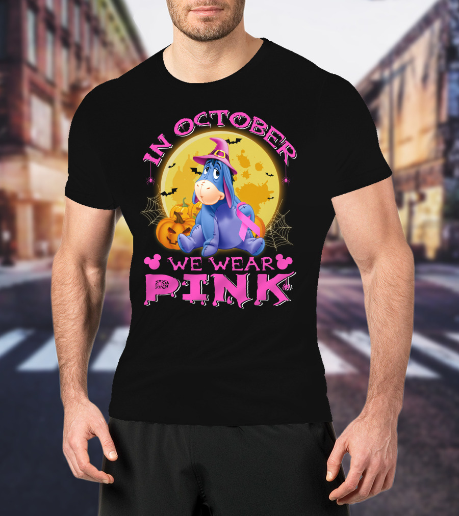 In October We Wear Pink Eeyore Halloween Ribbon And Pumpkins T-Shirt