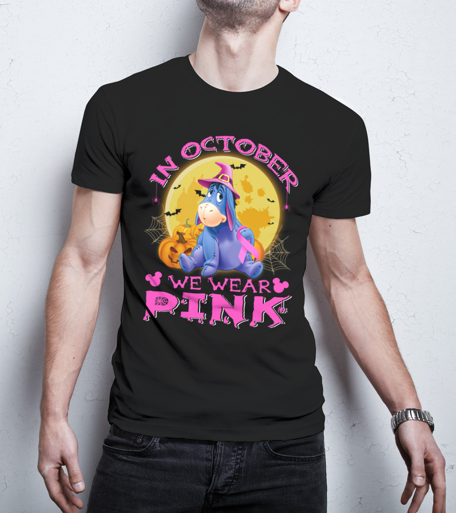 In October We Wear Pink Eeyore Halloween Ribbon And Pumpkins T-Shirt