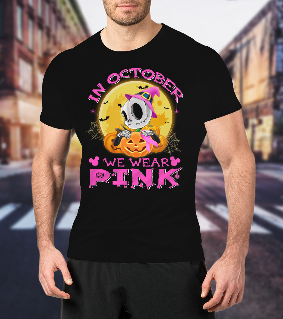 In October We Wear Pink Halloween Pumpkin Skeleton T-Shirt