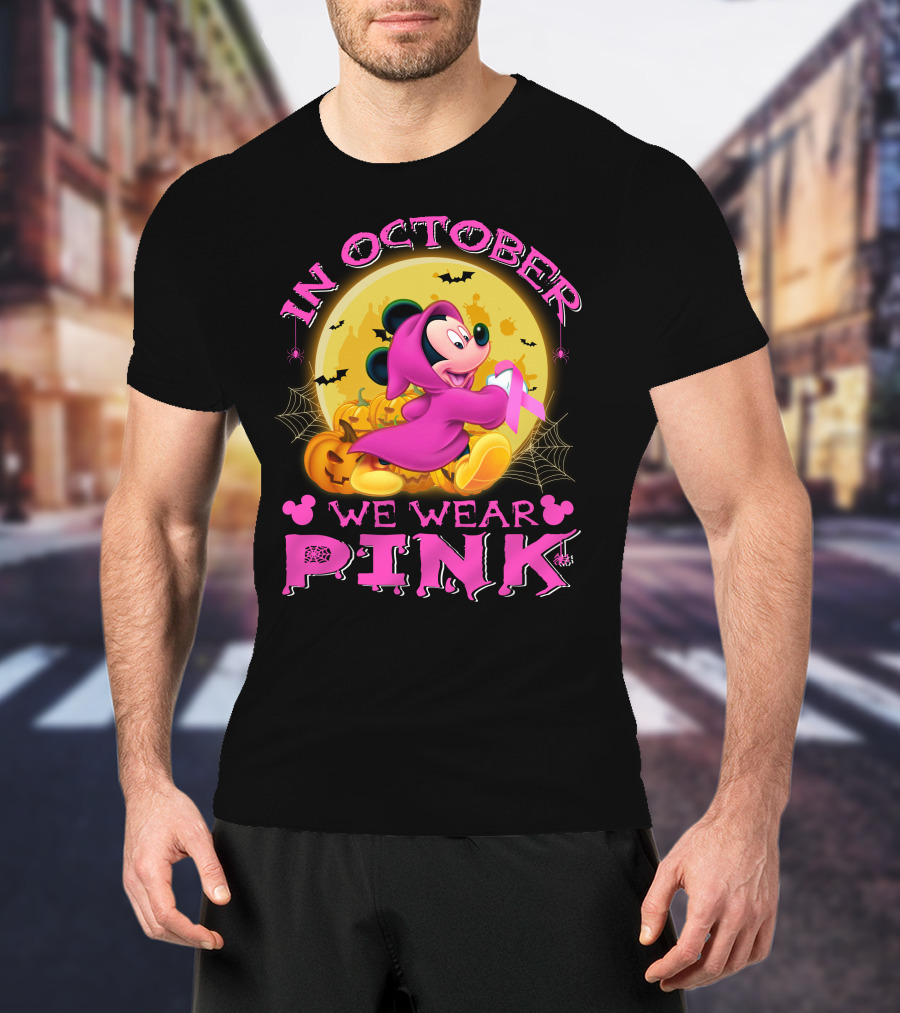 In October We Wear Pink Mickey Mouse Halloween Pumpkin Bats T-Shirt