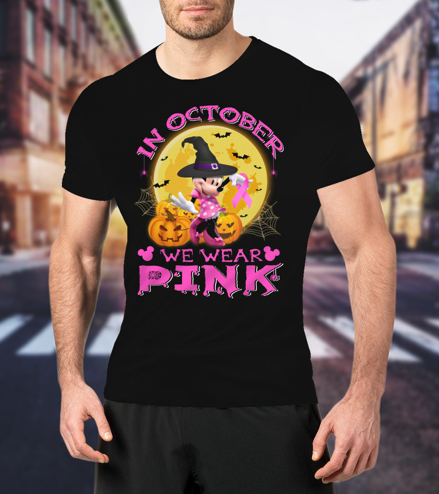 Minnie In October We Wear Pink Halloween Pumpkins Bats T-Shirt