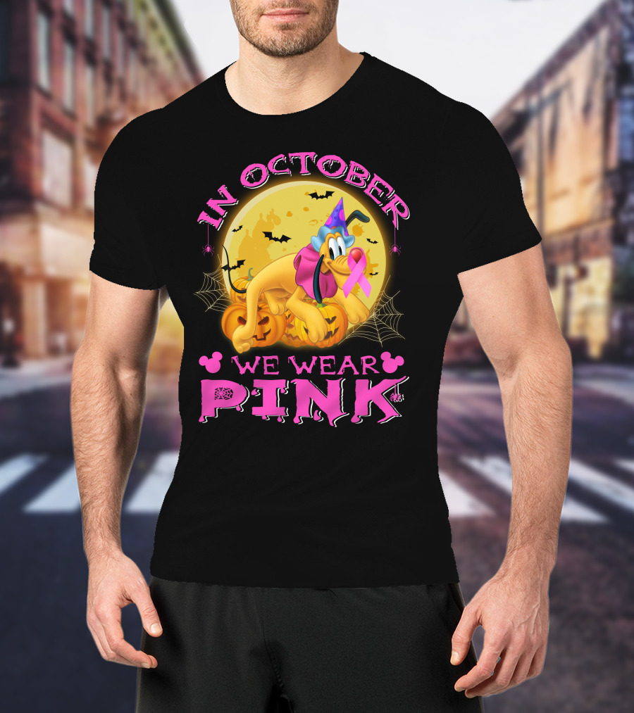 In October We Wear Pink Pluto Halloween Pumplin Bat Webs T-Shirt