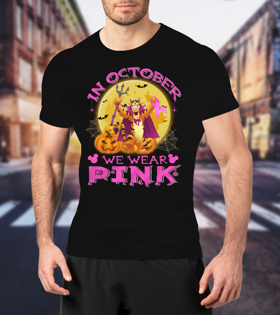 In October We Wear Pink Tigger Halloween Pumpkins Bats T-Shirt