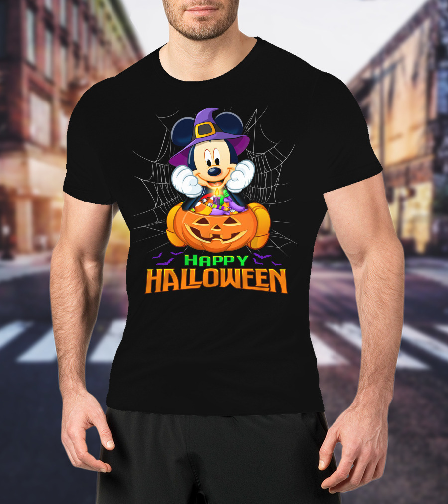 Happy Halloween Mickey Pumpkin And Spider Web T-Shirt
