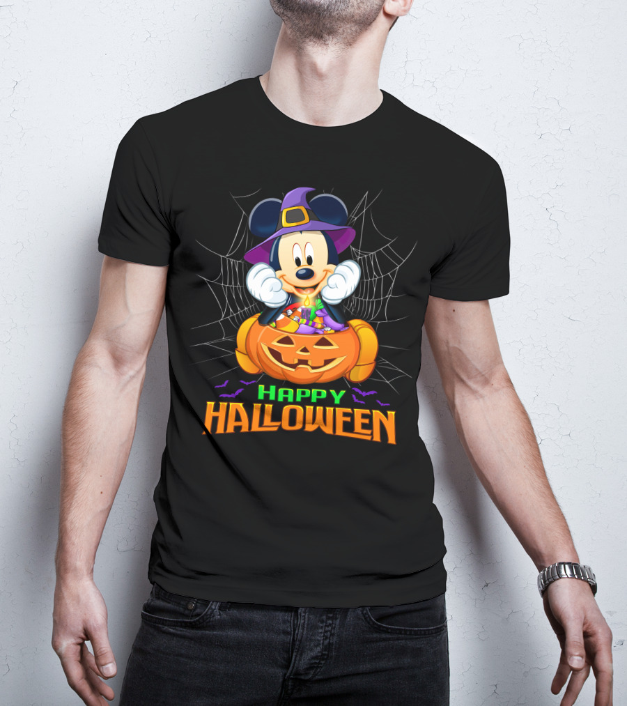 Happy Halloween Mickey Pumpkin And Spider Web T-Shirt
