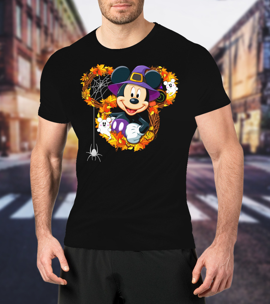 Mickey Halloween Wreath Witch Hat Spiderweb Ghosts Pumpkins Leaves T-Shirt