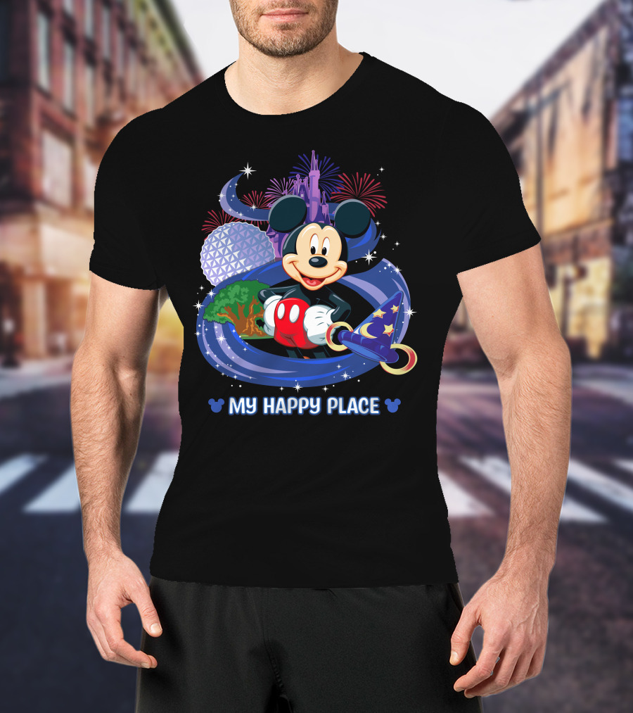 Mickey My Happy Place Disney Castle Fireworks Sorcerer's Hat T-Shirt