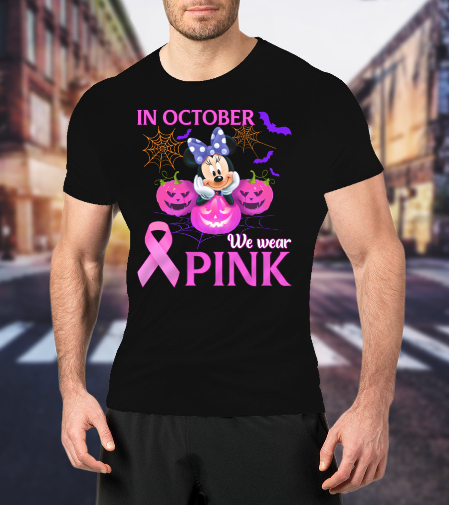 In October We Wear Pink Minnie Bow Pumpkins Ribbon Bats Halloween T-Shirt