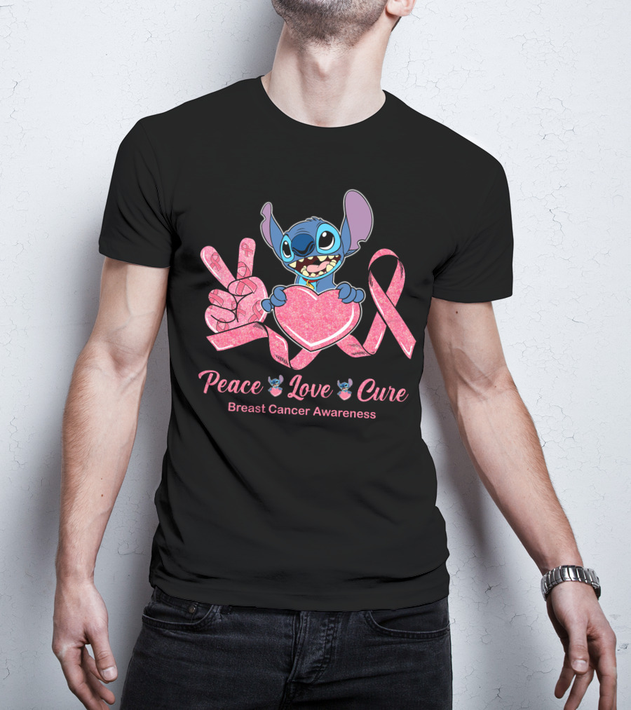 Peace Love Cure Breast Cancer Awareness Stitch T-Shirt