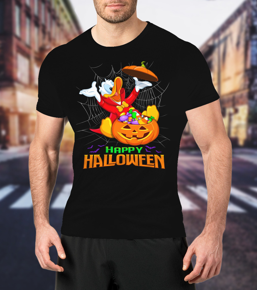Happy Halloween Donald Duck In Pumpkin Suit With Candy And Spiderweb T-Shirt