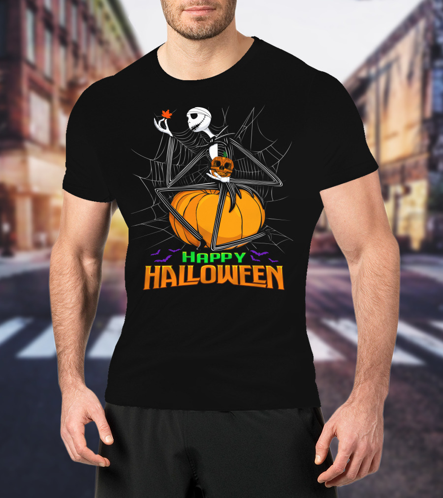 Happy Halloween Jack Skellington Pumpkin Bat Spiderweb T-Shirt