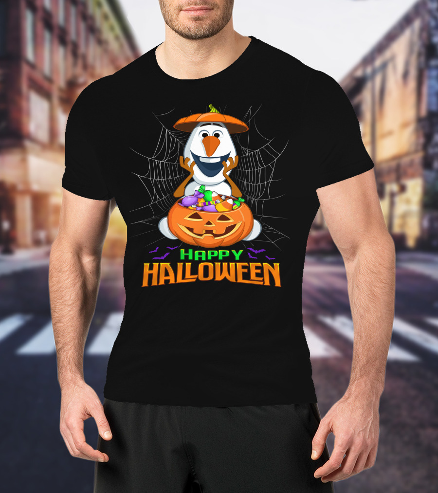 Olaf Happy Halloween With Pumpkin And Candy Basket T-Shirt