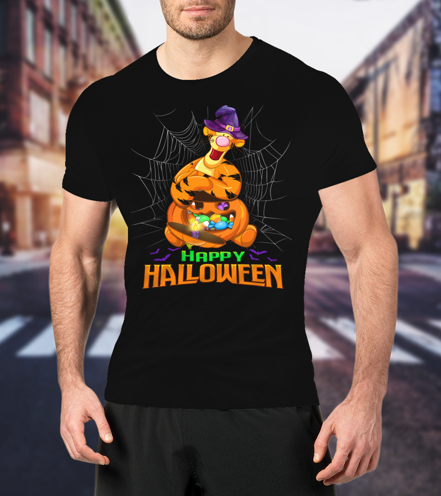 Happy Halloween Tigger Witch Pumpkin Candy Spiders T-Shirt