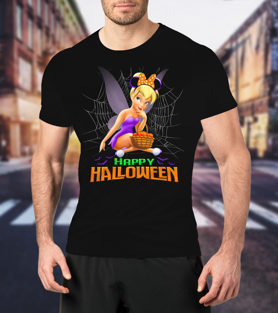 Tinker Bell Happy Halloween Pumpkin Basket With Bat Wings And Spiderweb T-Shirt