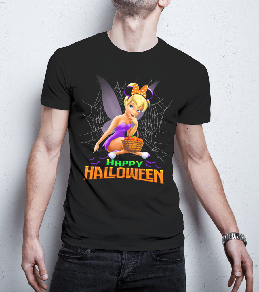 Tinker Bell Happy Halloween Pumpkin Basket With Bat Wings And Spiderweb T-Shirt