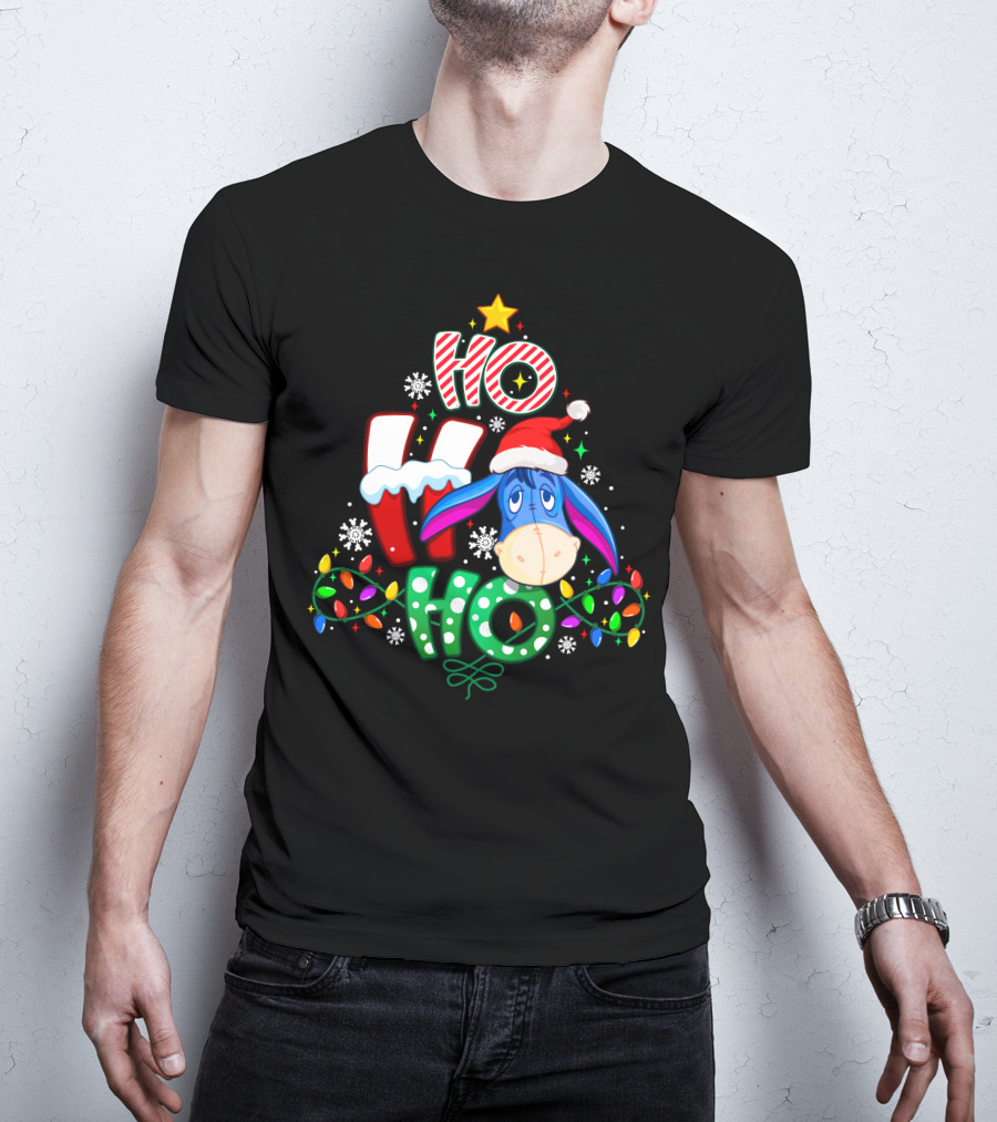 Ho Ho Ho Eeyore Christmas Lights Santa Hat Snowflakes T-Shirt