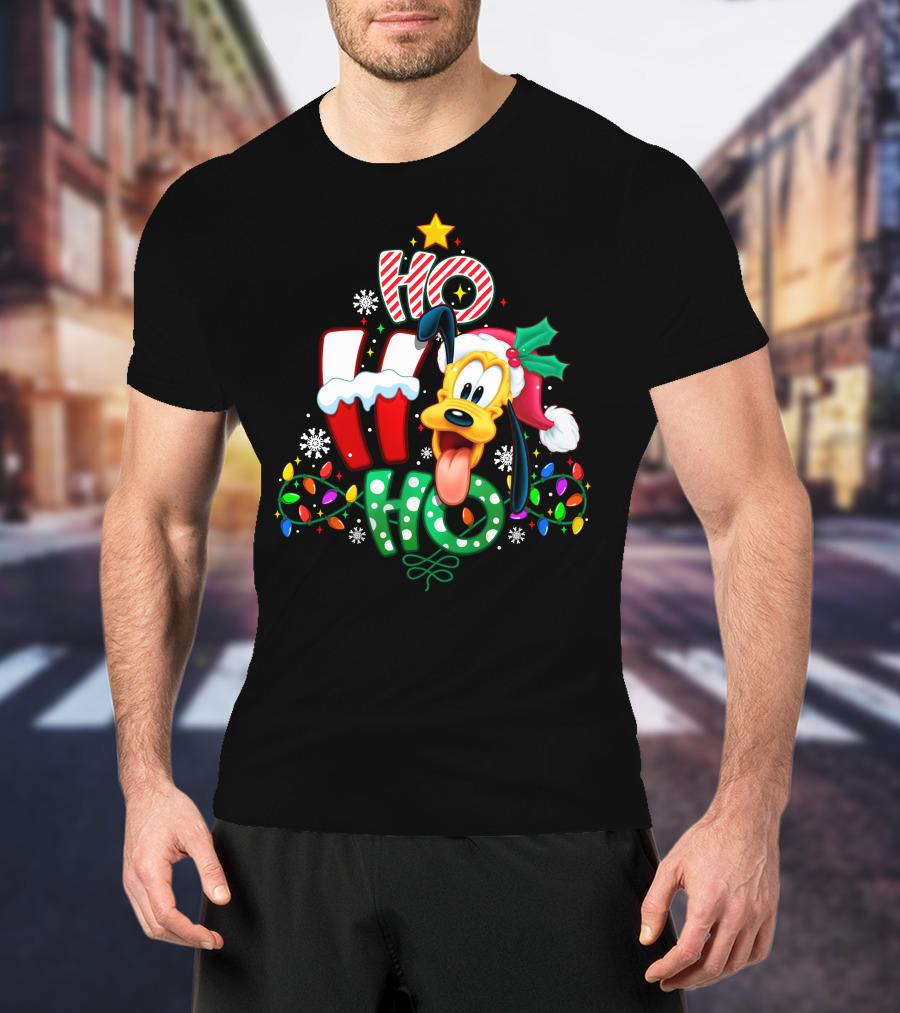 Ho Ho Ho Christmas Pluto Dog Lights Santa Hat T-Shirt