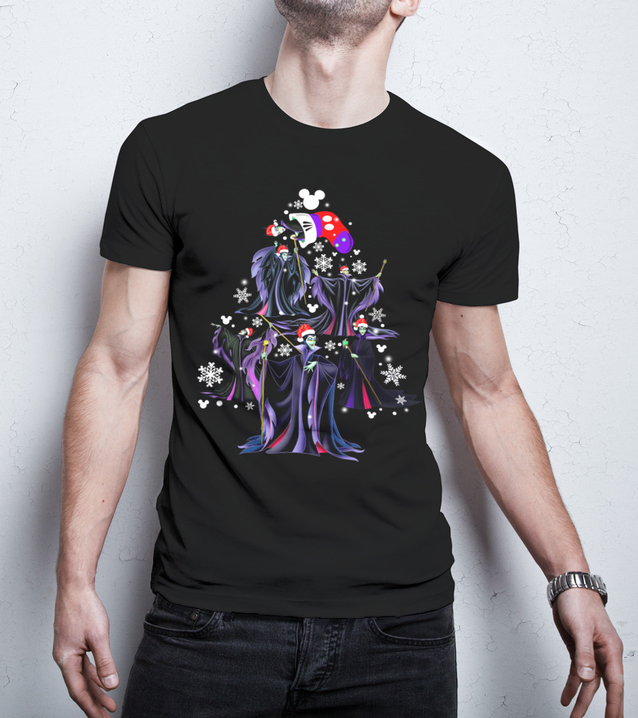 Maleficent Christmas Tree With Santa Hat And Mickey Mouse Snowflakes T-Shirt