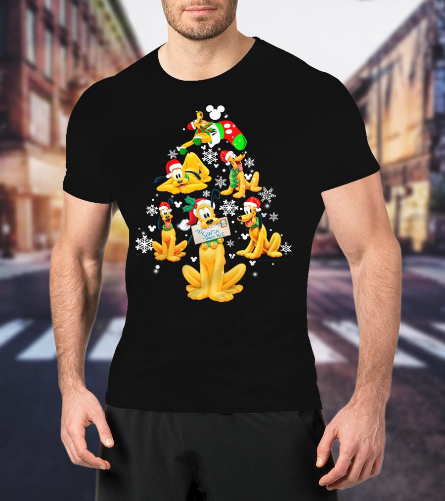 Pluto Christmas Tree Design With Santa Hat And Snowflakes T-Shirt